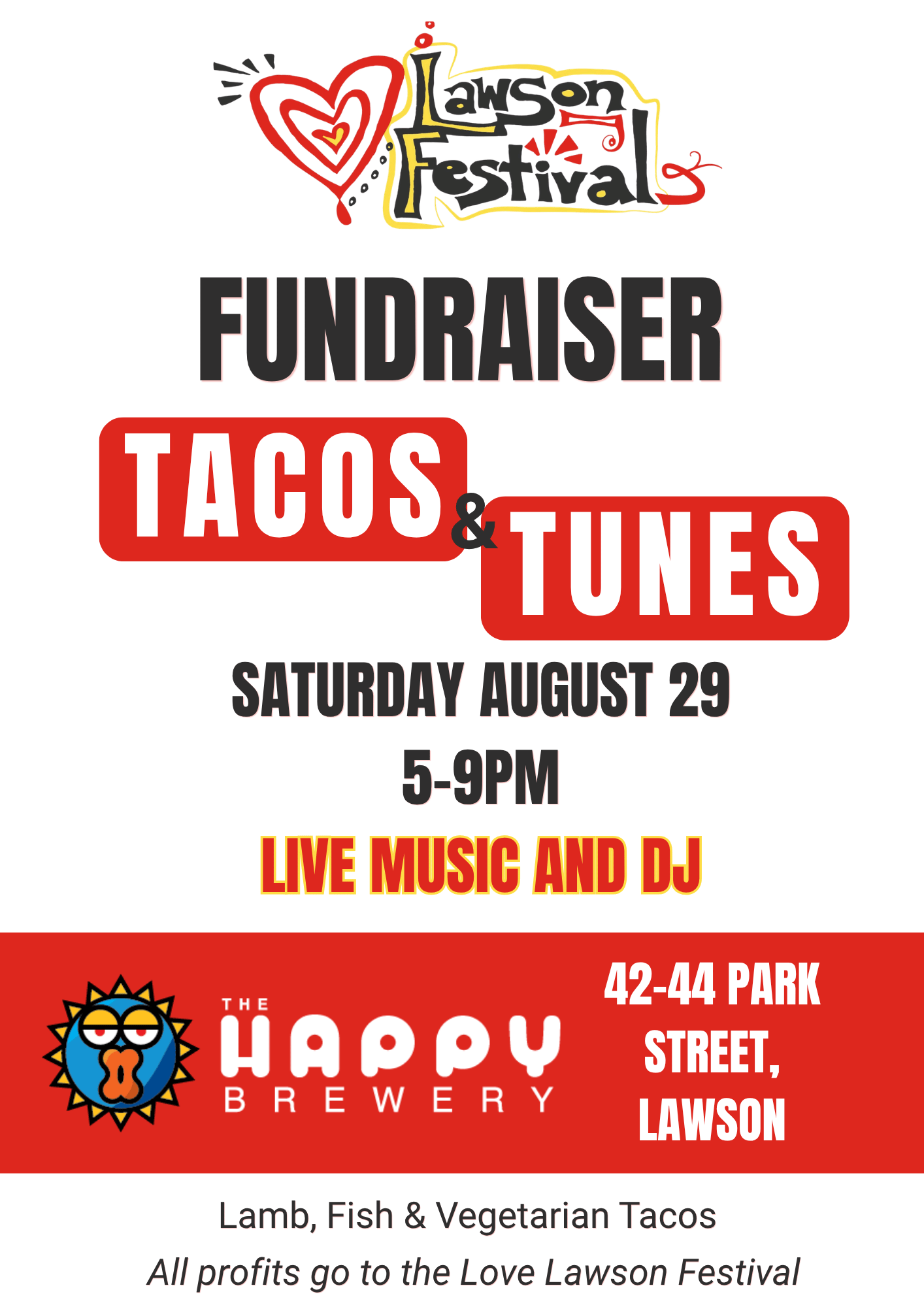 A flyer for a Lawson Festival fundraiser, Tacos and Tunes, being held at the Happy Brewery on Saturday, August 29 from 5:00 to 9:00 pm